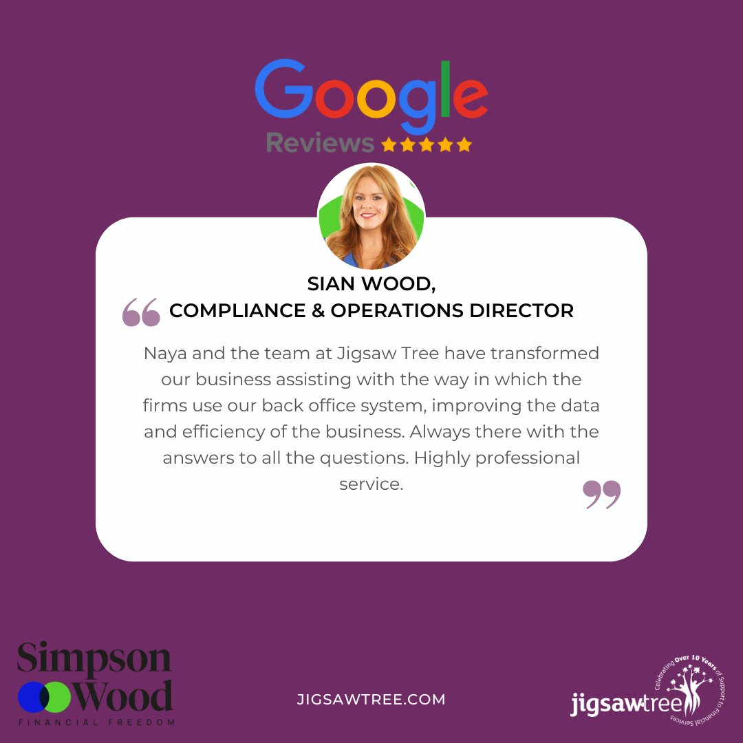 JigsawTree's tweet image. We&apos;re incredibly grateful to our client Sian Wood from Simpson Wood for the wonderful five-star Google review! ⭐️⭐️⭐️⭐️⭐️

#JigsawTree #FinancialServices #GoogleReview