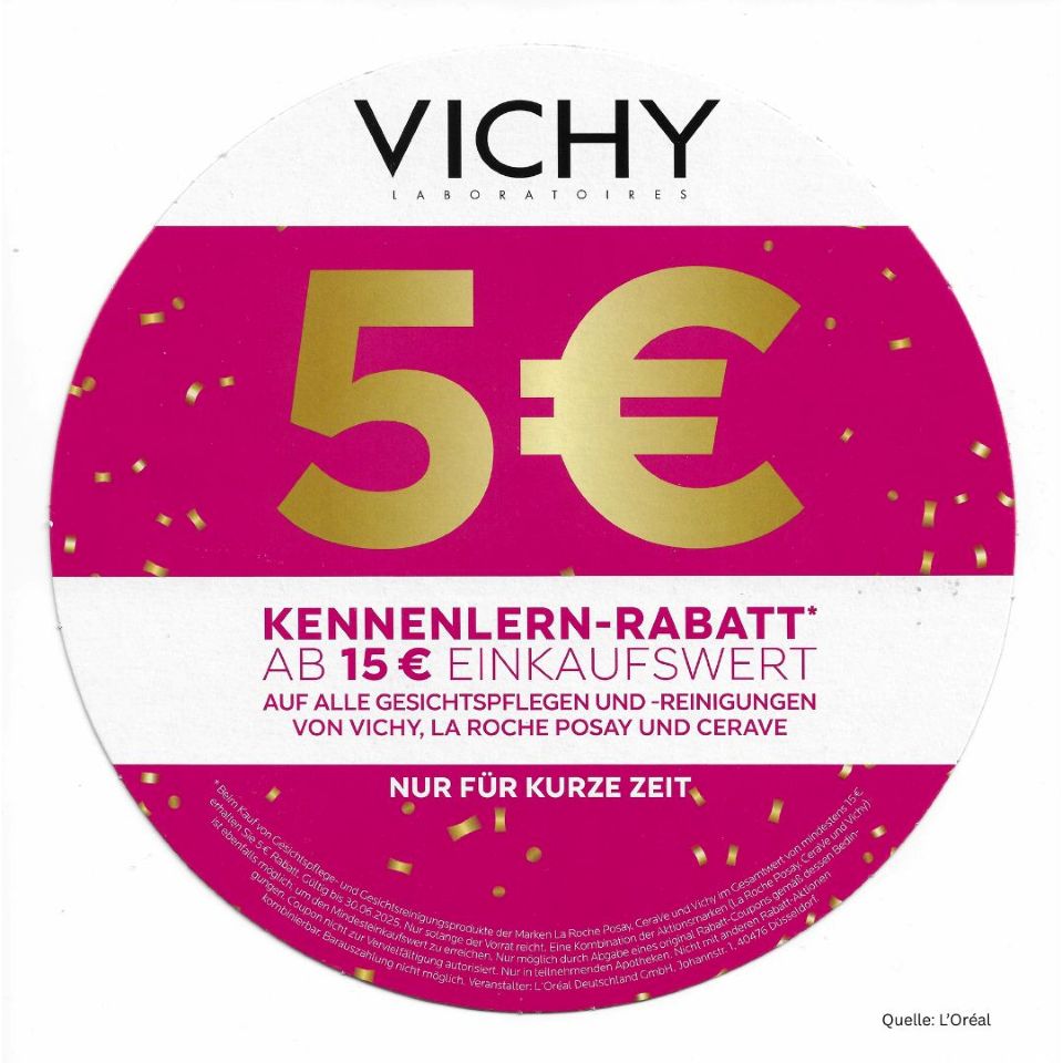 Beim Kauf von #Gesichtspflegen und #Gesichtsreinigungen der Marken #VICHY, #LAROCHEPOSAY und #CeraVe ab einem Einkaufswert von 15,- € erhalten Sie 5,- € #Kennenlernrabatt. Dieses Angebot gilt in den #AVIE #Apotheken in #Papenburg bis zum 30.06.2025.