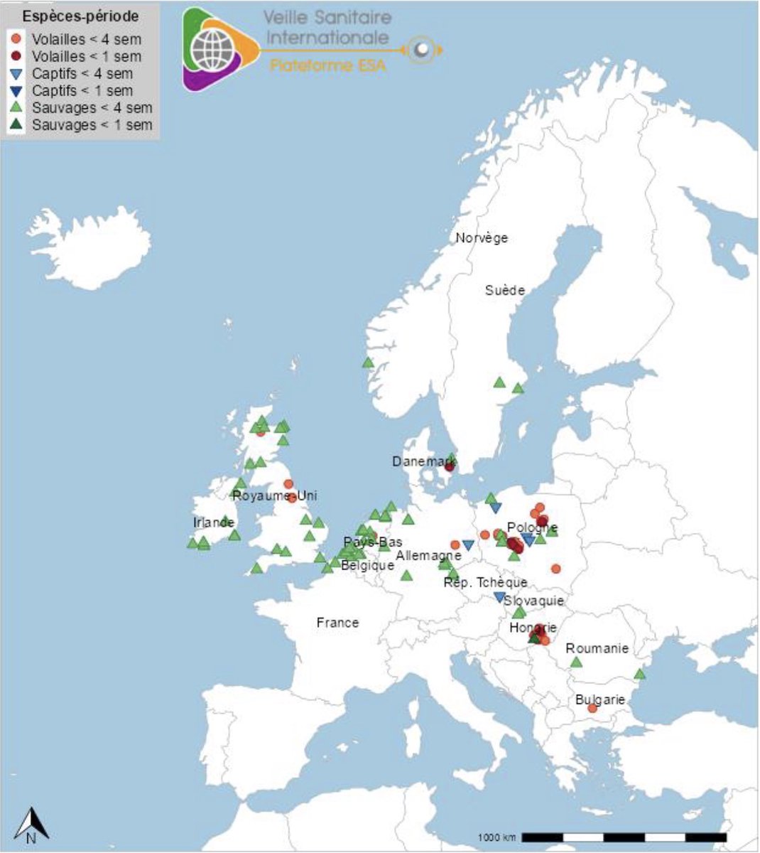 🐣🇪🇺 #Influenza aviaire : localisation des cas ou foyers d’IAHP H5 en avifaune sauvage, chez les oiseaux captifs et chez les volailles, en Europe détectés depuis les 4 dernières semaines au 06/04/2025