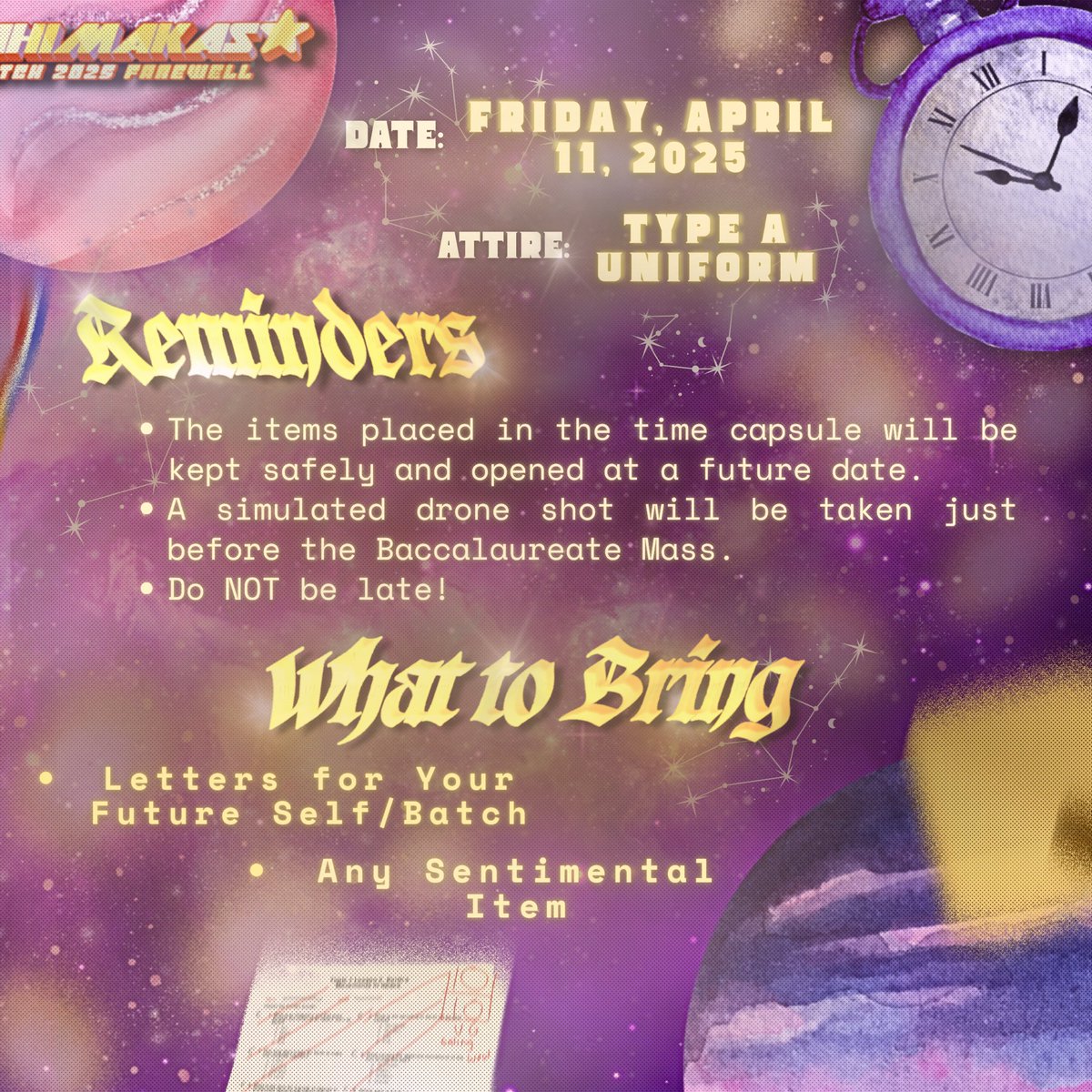 SSLG_CGL25's tweet photo. Before we say goodbye, let’s leave a piece of ourselves behind. 💌

Join us in sealing our memories, letters to our future selves, and special things that will always remind us of our life as a Scientian in the Astrias’ Time Capsule. 📜⏳

4 days left ‘til graduation! 🥹

(1/2) https://t.co/rUVpSznTJo