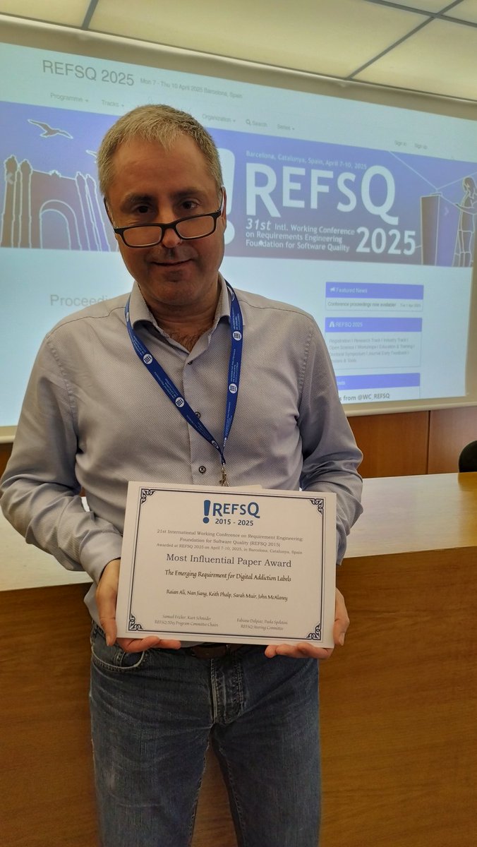 Big congratulations to Raian Ali, Nan Jiang, Keith Phal, Sarah Muir &amp; John McAlaney, the winners of the Most Influential Paper Award at #REFSQ2025!🏆

A well-deserved recognition for a truly impactful contribution!
#MIP