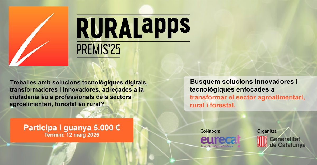Has desenvolupat una idea que contribueix a la millora del sector #agroalimentari? 🔬 🌾

<a href="/agriculturacat/">Agricultura</a> organitza la 12a convocatòria dels Premis Ruralapps 2025!

🏆 Hi haurà premis de fins a 5.000 €.

📆 Inscripcions obertes fins al 12 de maig

shorturl.at/0XVJV 🔗