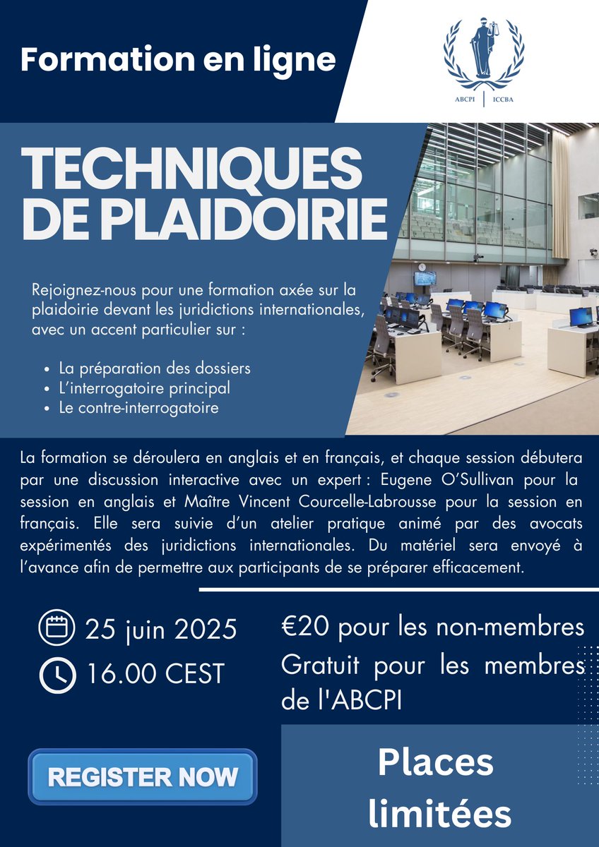 📣 Join the ICCBA Advocacy Skills Training on 25 June at 16:00 CEST – online.
Register: iccba-abcpi.org/event-details/… 
Participez à la formation sur les techniques de plaidoirie, le 25 juin à 16h00 CEST – en ligne.
Inscription : iccba-abcpi.org/event-details/…