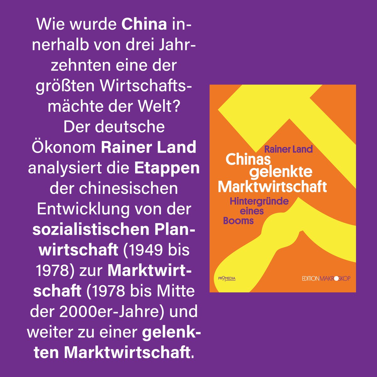 Das neue Buch von Rainer Land (<a href="/Rainerpdm/">Rainer Land</a>), "Chinas gelenkte Marktwirtschaft. Hintergründe eines Booms" ist in der Edition Makroskop (<a href="/MAKROSKOP_Mag/">MAKROSKOP</a>) bei Promedia erschienen. 
Ab sofort im Buchhandel und direkt über den Promedia Onlineshop erhältlich: mediashop.at/buecher/chinas…