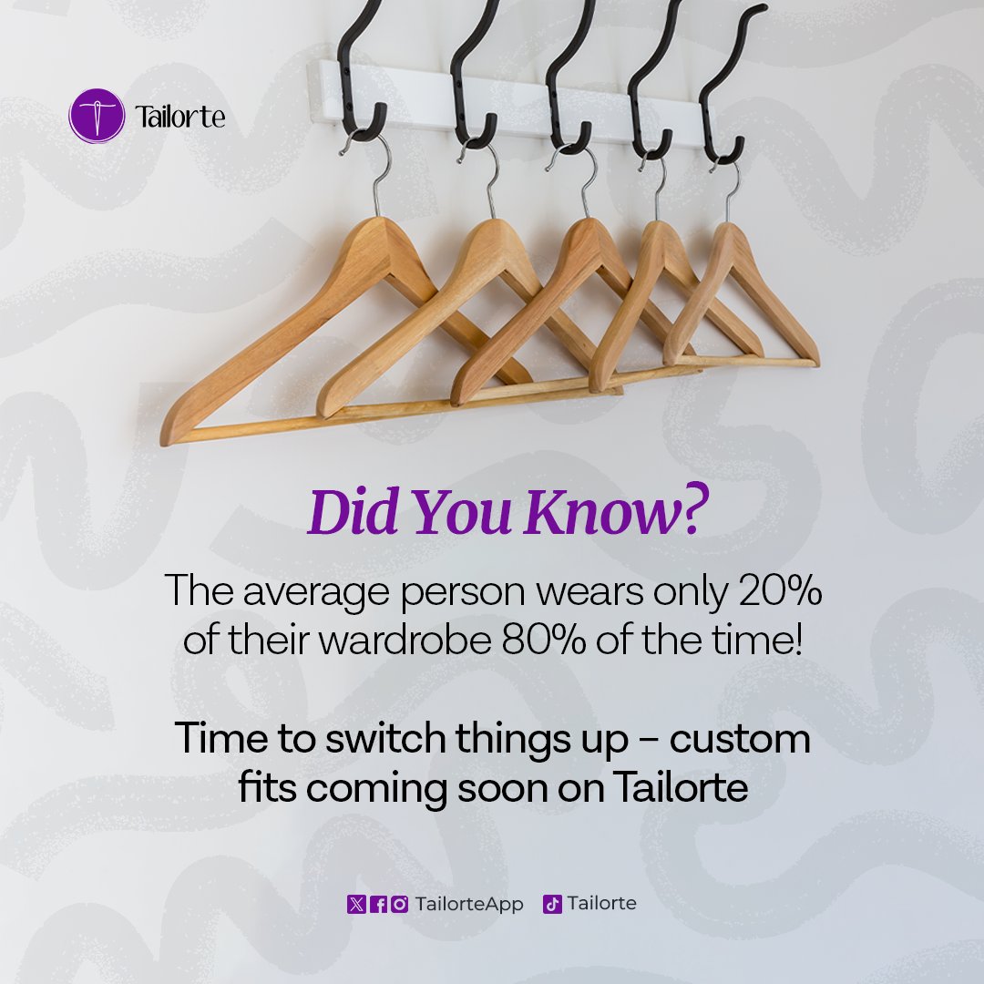 TailorteApp's tweet image. Wearing just 20% of your wardrobe 80% of the time?🥲

It’s time to upgrade your style with pieces made just for you.
Custom fits are coming soon to Tailorte your wardrobe will thank you!

#Tailorte #CustomStyle #SmartWardrobe #StyleUpgrade #MadeForYou #FashionTech #WardrobeGoals