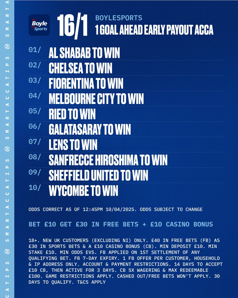 SmartAccaTips's tweet photo. 🤞 16/1 EARLY PAYOUT ACCA: THUR-SAT!

💚 IF this bet wins, I'll give £100 CASH away to some of you who LIKE, REPOST & FOLLOW me. 

👊 This is done with BoyleSports: https://t.co/YZPcNyqvIm

✅ Make sure to apply acca boost in your betslip.

1️⃣🆙 LINK: https://t.co/3aa9z6NXPB

🎁 Join today, bet £10 and get £30 in FREE BETS + £10 CASINO BONUS!

Ad | GambleAware | 18+ | T&C's Apply
