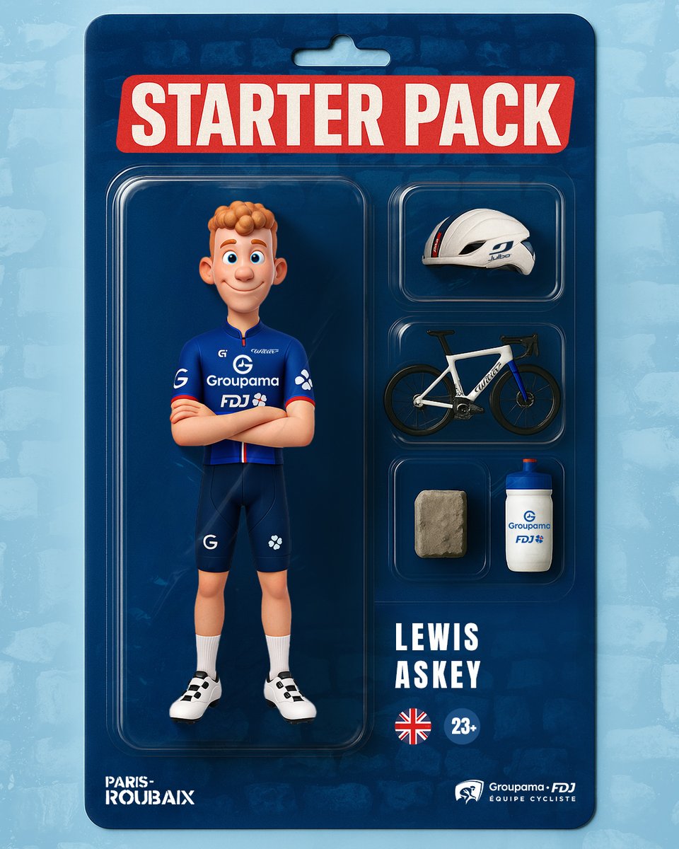 GroupamaFDJ's tweet photo. 🪨 DROP EXCLUSIF Paris-Roubaix 2025 - Edition limitée ⏳
Our starter pack is available for this special monument 🔥

🇬🇧 @LewisAskey
🇫🇷 @CyrilBarthe
🇳🇴 @sebystrom
🇨🇭 @johanjacbs
🇨🇭 @stefankueng 
🇫🇷 @huitouze
🇫🇷 @russo_clement 

#ParisRoubaix2025 #Cycling #StarterPack #GroupamaFDJ