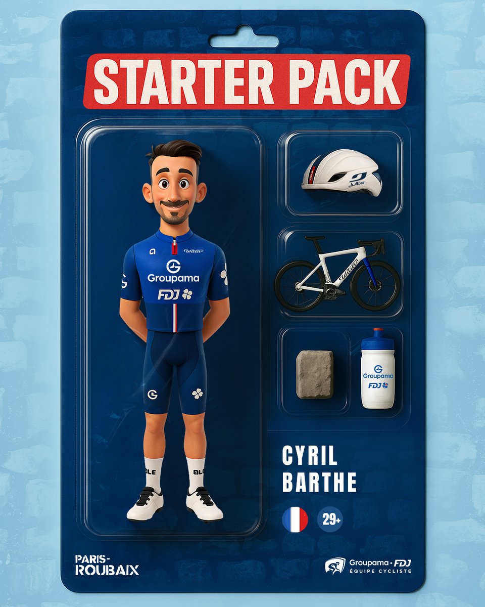 GroupamaFDJ's tweet photo. 🪨 DROP EXCLUSIF Paris-Roubaix 2025 - Edition limitée ⏳
Our starter pack is available for this special monument 🔥

🇬🇧 @LewisAskey
🇫🇷 @CyrilBarthe
🇳🇴 @sebystrom
🇨🇭 @johanjacbs
🇨🇭 @stefankueng 
🇫🇷 @huitouze
🇫🇷 @russo_clement 

#ParisRoubaix2025 #Cycling #StarterPack #GroupamaFDJ