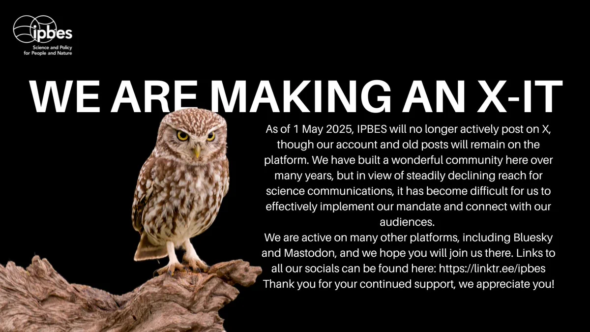 An image of an owl sitting on a branch. Overlay text reads: We are making an X-it. As of 1 May 2025, IPBES will no longer actively post on X, though our account and old posts will remain on the platform. We have built a wonderful community here over many years, but in view of steadily declining reach for science communications, it has become difficult for us to effectively implement our mandate and connect with our audiences.
We are active on many other platforms, including Bluesky and Mastodon, and we hope you will join us there. Links to all our socials can be found here: https://linktr.ee/ipbes
Thank you for your continued support, we appreciate you!