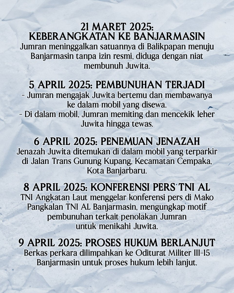 WartaJayacom's tweet photo. Motif pembunuhan jurnalis Juwita (23) akhirnya terungkap. Oknum TNI AL, Kelasi Satu Jumran, membunuh karena menolak menikahi korban. Fakta ini diungkap dalam konferensi pers resmi TNI AL di Banjarmasin. #TNIAL #Juwita #JusticeForJuwita https://t.co/ijlyLUWcHZ