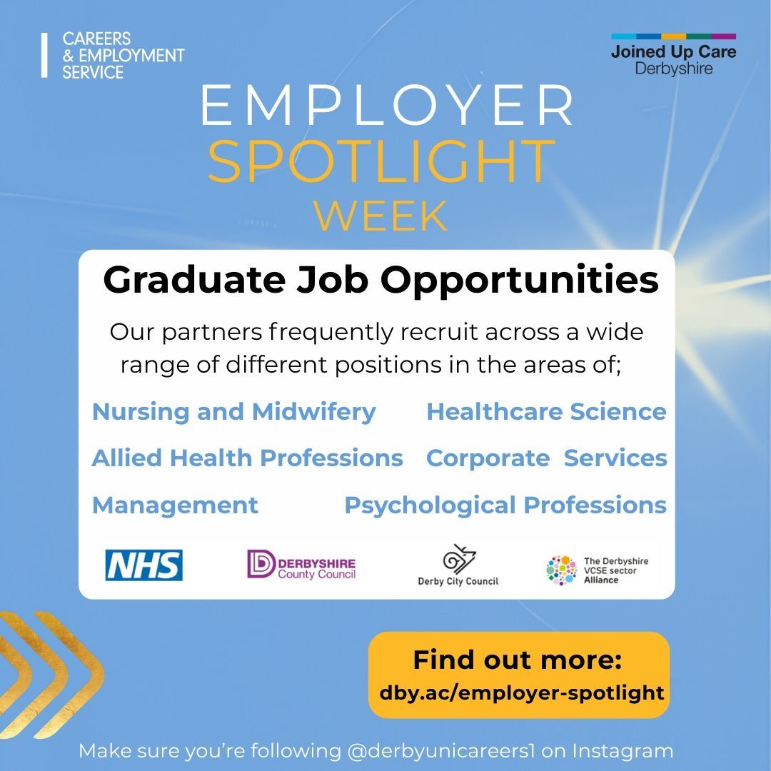 University of Derby Careers (@derbyunicareers) on Twitter photo Looking to work in the health and social care sector? 🔎
<a href="/JoinedUpCare/">Joined Up Care Derbyshire</a> shared their graduate opportunities as part of Employer Spotlight Week.
Explore them at: buff.ly/NRnAvyw
🌟Also, find application tips on our Instagram 'Spotlight Week' highlight, @derbyunicareers1 Looking to work in the health and social care sector? 🔎
<a href="/JoinedUpCare/">Joined Up Care Derbyshire</a> shared their graduate opportunities as part of Employer Spotlight Week.
Explore them at: buff.ly/NRnAvyw
🌟Also, find application tips on our Instagram 'Spotlight Week' highlight, @derbyunicareers1