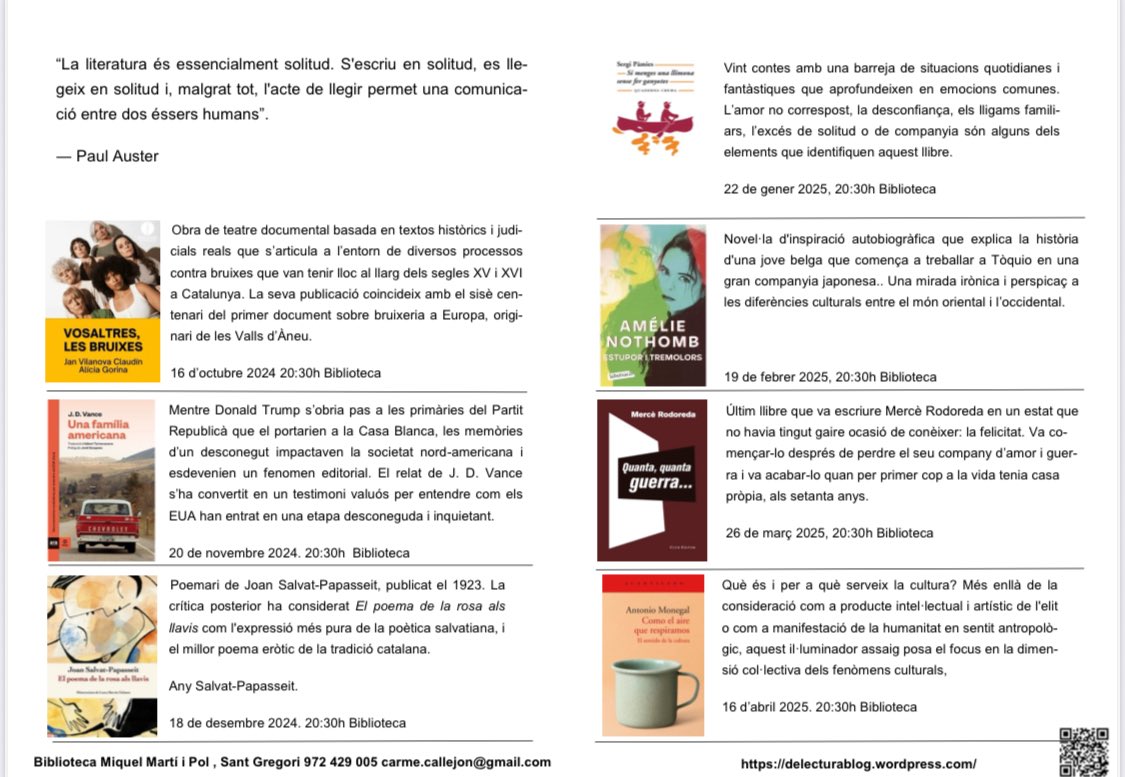 DeLectura's tweet photo. Edició 2024-2025 del club de lectura de l'@AteneuCartella amb lectures molt interessants. Teatre, poesia, narrativa, assaig.

La lectura exercita la nostra memòria, l'amplia i la fa més flexible, augmenta la intel·ligència emocional, que ajuda a fixar records, i redueix l'estrés. https://t.co/F8otfbLLba