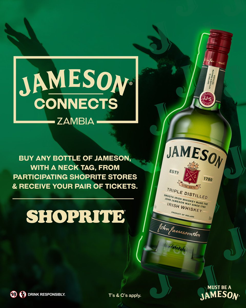 JamesonZAM's tweet photo. #JamesonConnectsZM🔥3 May ’25 at Lusaka Gymkhana Club.

Buy any Jameson with a neck tag at selected Shoprite stores (11–28 April) &amp; get 2 tickets!

📍Stores: 
Cosmopolitan
Eastpark Select
Kafubu
Lewanika
Manda Hill
Mukuba
Navore Pinnacle
Twin Palms
Waterfalls

#MustBeAJameson https://t.co/ftZy6bpFkV