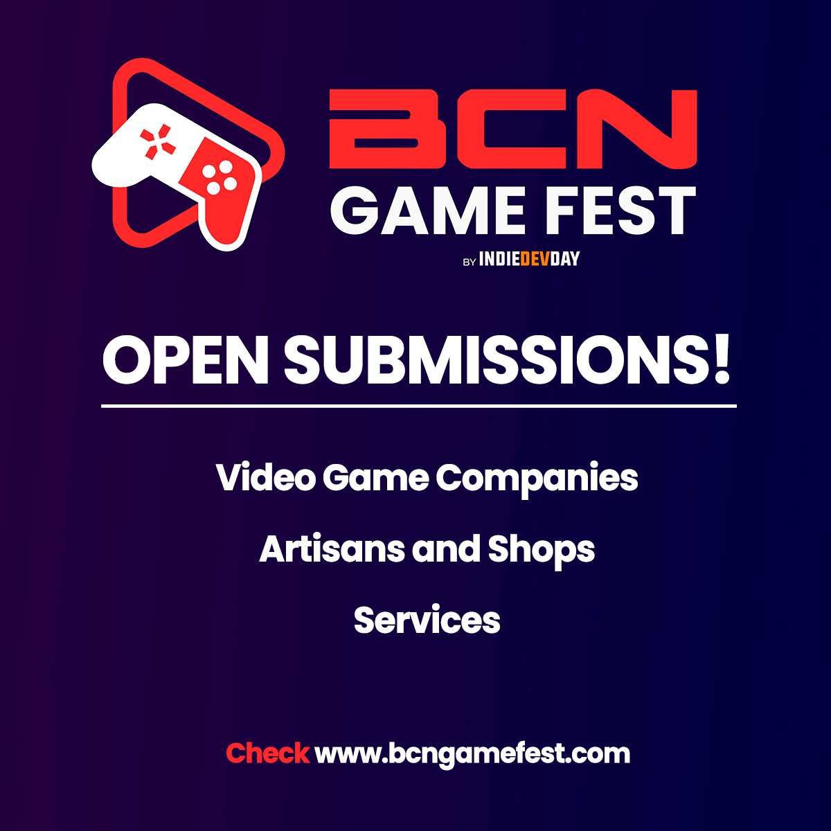 📢 Registrations are now open 📢
For studios and professionals

You can now apply for your stand to participate in #BCNGF2025 #IndieDevDay2025 💫

🎮 Game developers
🎨 Artists &amp; Crafts
🛍️ Industry shops
🆕 Service providers

Register at 🔗 bcngamefest.com/join/
