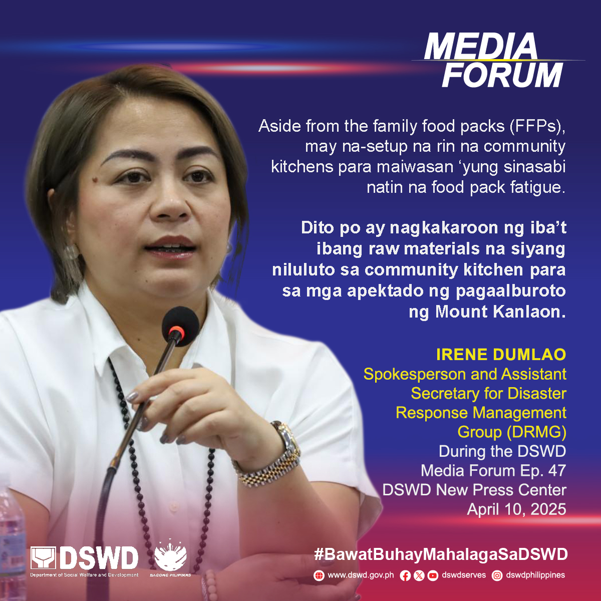 dswdserves's tweet image. Ipinaliwanag ni DSWD Spokesperson at Assistant Secretary ng Disaster Response Management Group (DRMG) Irene Dumlao na para maiwasan ang tinatawag na "food pack fatigue," nag-set up ang ahensya ng community kitchen para sa mga apektado ng paga-alburoto ng Bulkang #Kanlaon sa