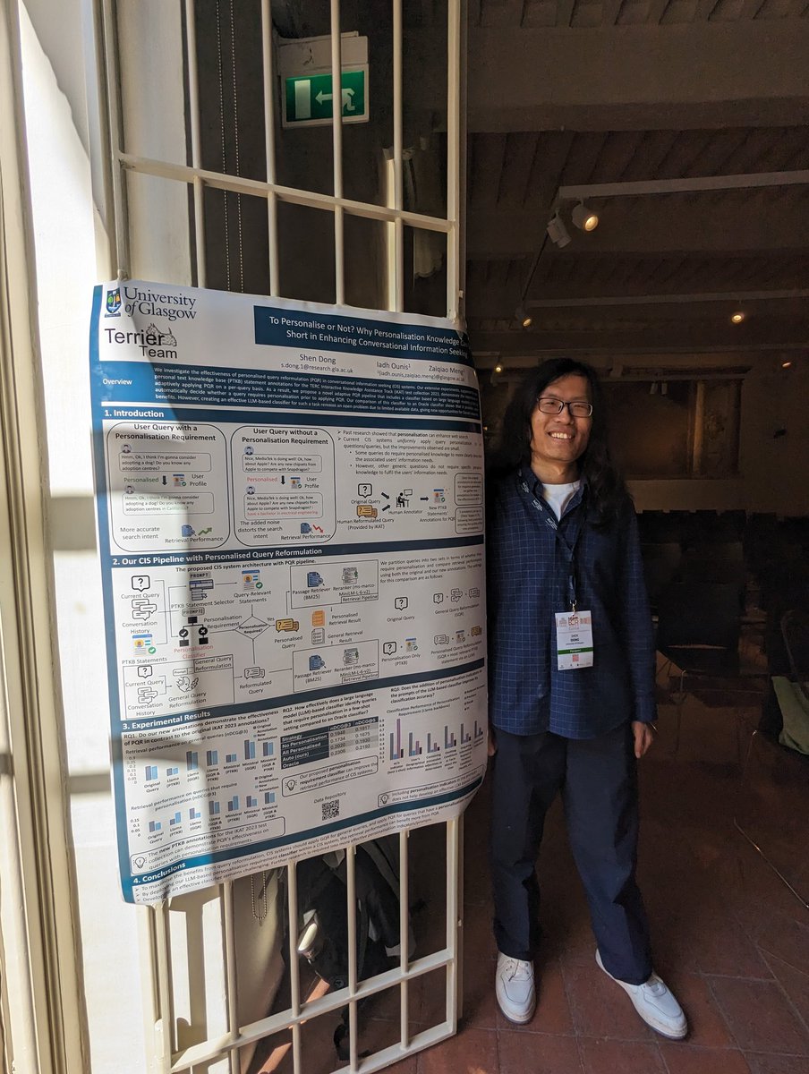 Jack McKechnie (@jackmck1999) on Twitter photo . <a href="/ShenDongML/">Shen Dong</a> is presenting his poster in the <a href="/keirworkshop/">KEIR</a> on personalisation in conversational information seeking. Check it out!
<a href="/ir_glasgow/">Glasgow IR Group</a> <a href="/GlasgowCS/">UofG Computing Science</a> #ECIR2025 . <a href="/ShenDongML/">Shen Dong</a> is presenting his poster in the <a href="/keirworkshop/">KEIR</a> on personalisation in conversational information seeking. Check it out!
<a href="/ir_glasgow/">Glasgow IR Group</a> <a href="/GlasgowCS/">UofG Computing Science</a> #ECIR2025