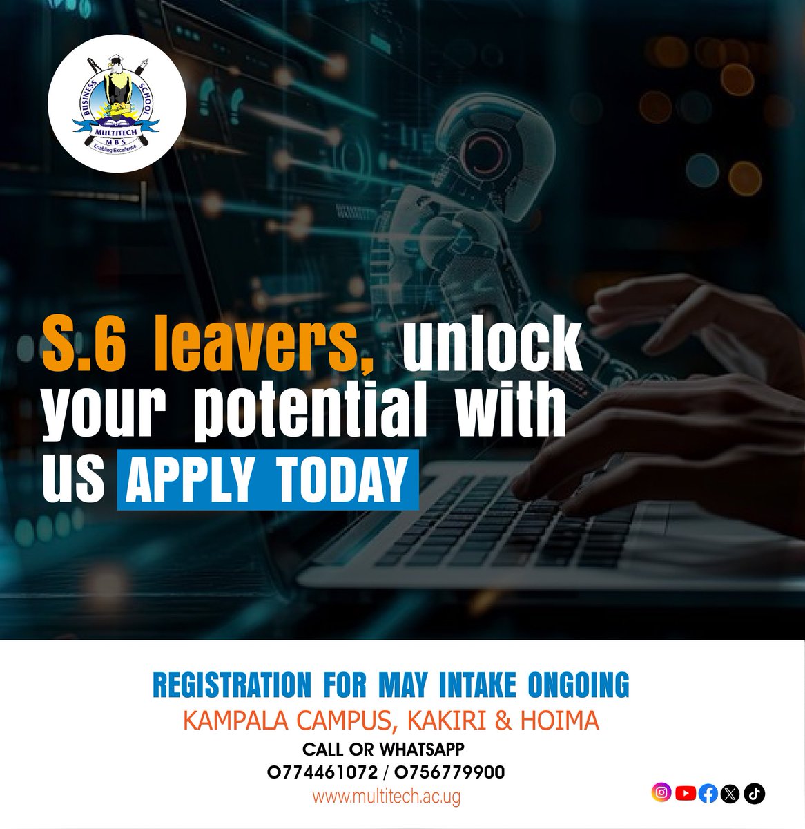MULTITECHBS's tweet photo. "Let us unlock your dreams"
To apply for our May Intake, Visits of campuses in Kla. Kakiri and Hoima or click https://t.co/uar1jvks0q
Or
📞 0774461072. 0756779900
#Mayintake
#MultitechBS https://t.co/GhDrnORXSA