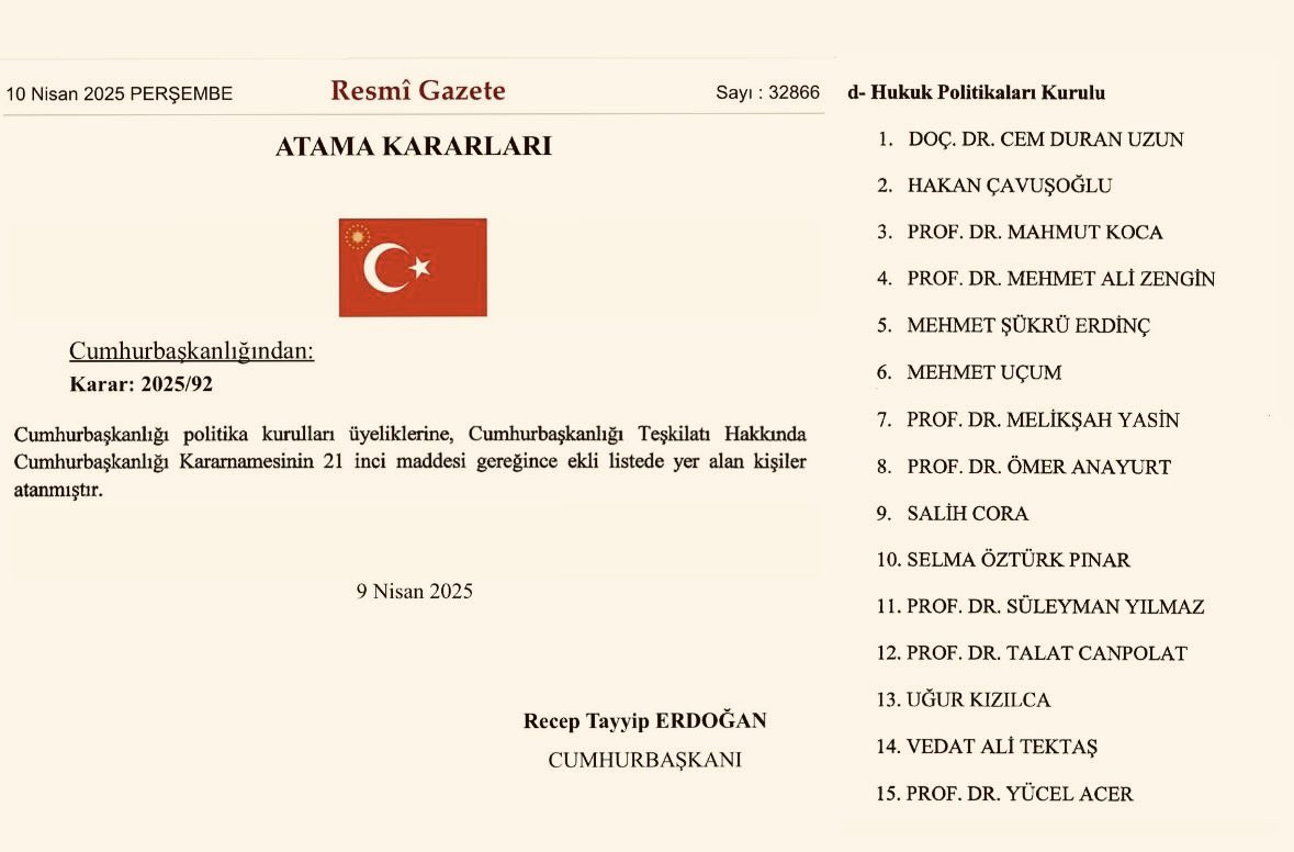 Cumhurbaşkanımız Sayın Recep Tayyip Erdoğan’ın tensipleriyle, Cumhurbaşkanlığı Hukuk Politikaları Kurulu üyeliğine yeniden atanmış bulunmaktayım. Sayın Cumhurbaşkanımıza şükranlarımı arz ediyorum. Zat-ı Alilerinin liderliğinde  ‘Daha Adil Bir Dünya’ için gayret sarfetmeye devam
