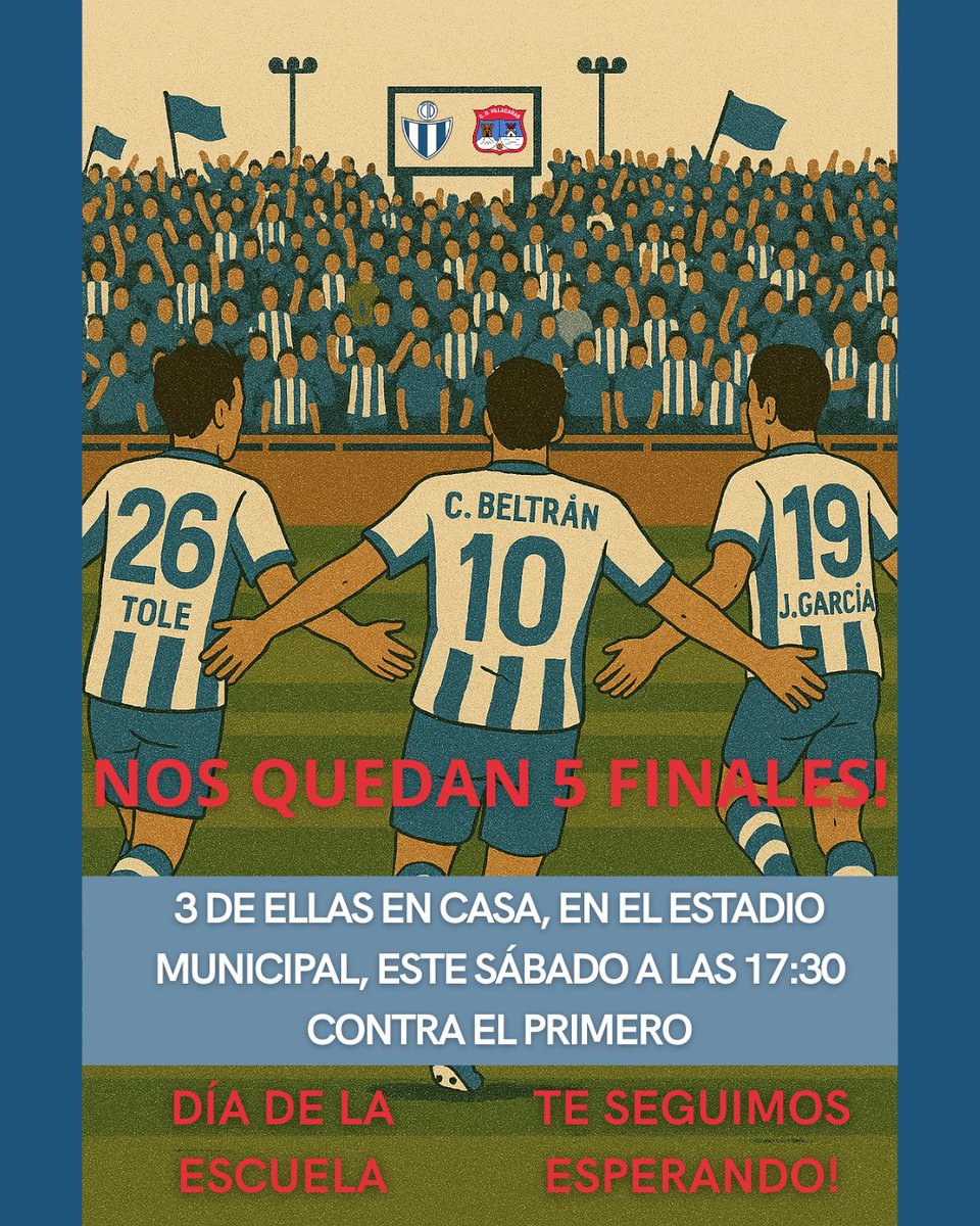 5 finales. 3 en casa. 🏟️
Este sábado (17:30h), contra el primero 🔝⚔️
El Municipal tiene que rugir 🗣️
Jugamos por un sueño 💙
#TodosSomosTarancón #FinalesConVosotros #TarancónVsVillacañas