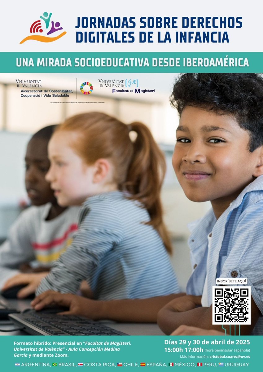 Càtedra UNESCO UV (@catedraunescouv) on Twitter photo Jornada sobre drets digitals de la infància: Una mirada socioeducativa des d'Iberoamèrica: Argentina 🇦🇷, Brasil 🇧🇷, Costa Rica 🇨🇷, Xile 🇨🇱, Espanya 🇪🇸, Mèxic 🇲🇽, Perú 🇵🇪 i Uruguai 🇺🇾
📍 <a href="/facmagisteriuv/">Facultat de Formació del Professorat UV</a>
🗓️ 29 i 30 d'abril, de 16 a 17 h. i zoom
ℹ️ linkedin.com/feed/update/ur… Jornada sobre drets digitals de la infància: Una mirada socioeducativa des d'Iberoamèrica: Argentina 🇦🇷, Brasil 🇧🇷, Costa Rica 🇨🇷, Xile 🇨🇱, Espanya 🇪🇸, Mèxic 🇲🇽, Perú 🇵🇪 i Uruguai 🇺🇾
📍 <a href="/facmagisteriuv/">Facultat de Formació del Professorat UV</a>
🗓️ 29 i 30 d'abril, de 16 a 17 h. i zoom
ℹ️ linkedin.com/feed/update/ur…