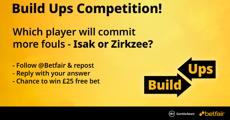 Betfair's tweet photo. #BuildUps Competition! 🎁

Who will commit more fouls, Alexander Isak or Joshua Zirkzee?

Follow, repost and guess correctly - you could win a £25 free bet!

Click below for T&amp;C's.