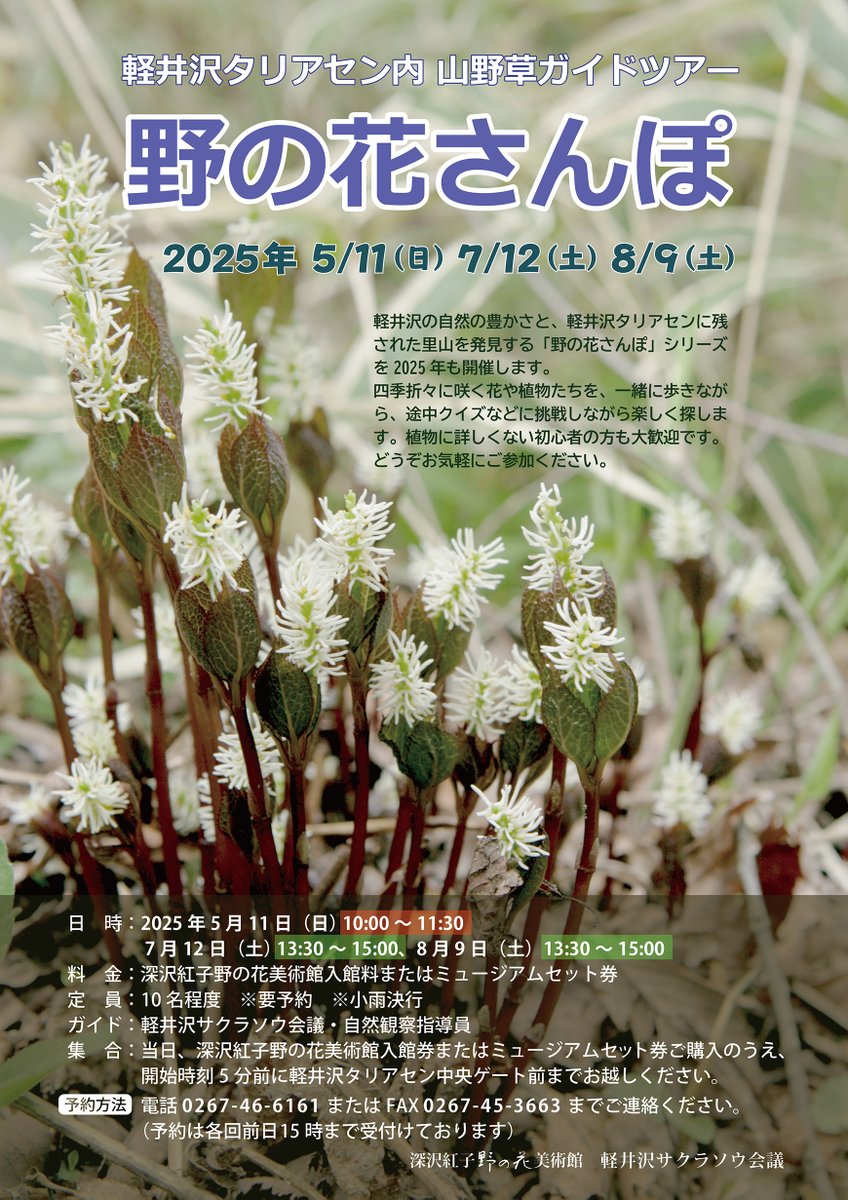 軽井沢タリアセン内 山野草ガイドツアー「野の花さんぽ」を開催します.①5/11(日)10時~11時半,②7/12(土)1時半~3時,③8/9(土)1時半~3時.要予約.電話0267-46-6161orFAX0267-45-3663.深沢紅子野の花美術館入館券or軽井沢タリアセンミュージアムセット券が必要.講師軽井沢サクラソウ会議·自然観察指導員