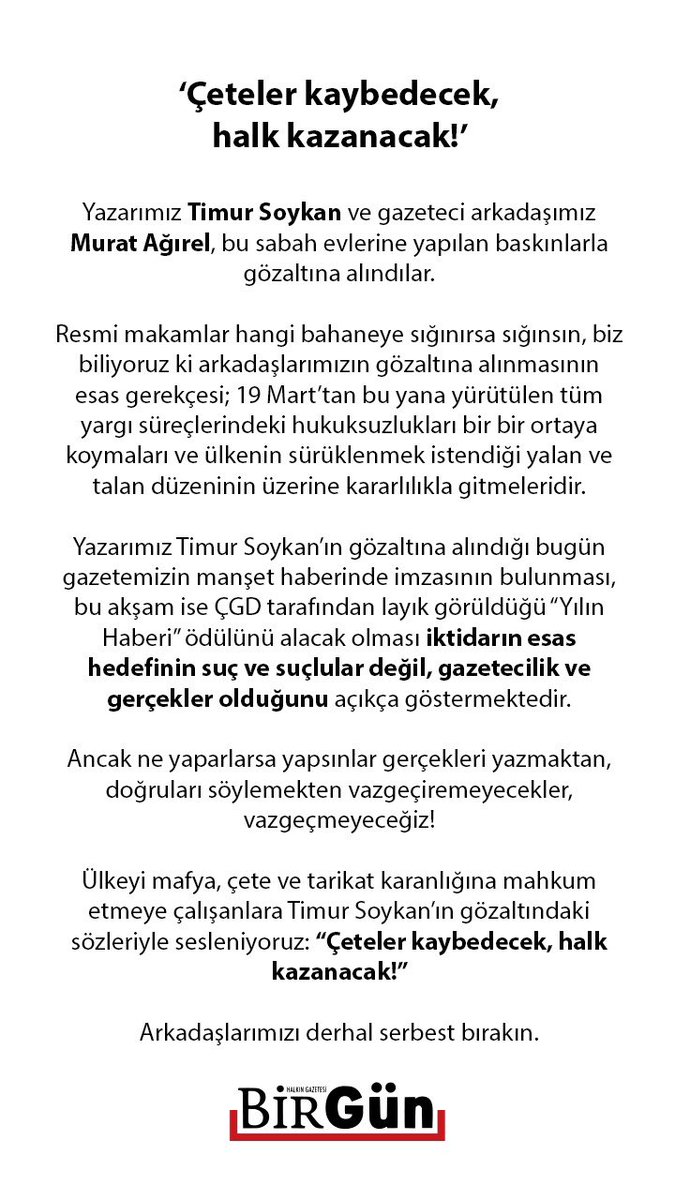 ÇETELER KAYBEDECEK
HALK KAZANACAK