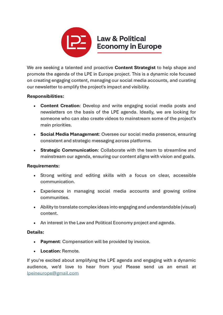 Law and Political Economy in Europe (@lpe_europe) on Twitter photo The LPE in Europe project is looking for a Content Strategist to help shape and amplify our digital presence!
If you are interested (or know anyone who might be), please send us an email at lpeineurope@gmail.com The LPE in Europe project is looking for a Content Strategist to help shape and amplify our digital presence!
If you are interested (or know anyone who might be), please send us an email at lpeineurope@gmail.com