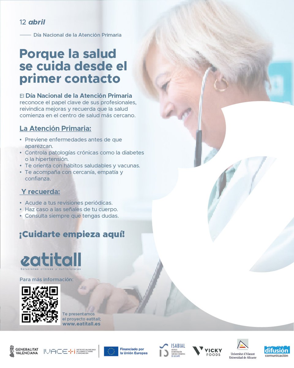 _eatitall's tweet photo. 🩺 12 de abril | Día Nacional de la Atención Primaria
La salud comienza con el primer contacto 💙
✔️ Prevención
✔️ Control de enfermedades
✔️ Hábitos saludables
🗓️ ¡No olvides tus revisiones periódicas!
👉 Cuidarte empieza aquí.

#DíaDeLaAtenciónPrimaria #Salud #eatitall https://t.co/f0e0g6YFtq