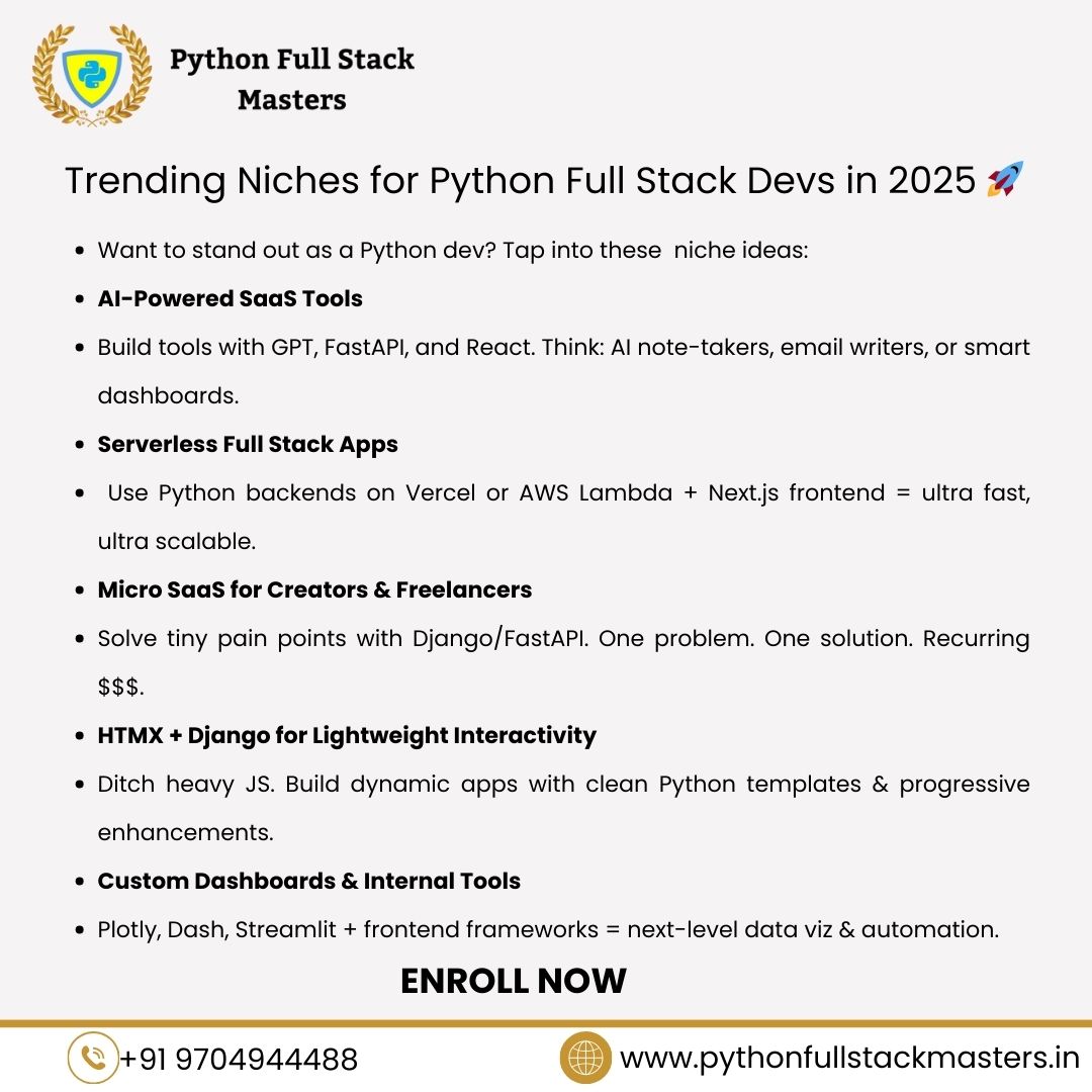 PythonFullsatck's tweet image. 🚀 Trending Niches for Python Full Stack Devs in 2025

Want to stand out as a developer? These 6 niche ideas will keep you ahead of the game:

Master the skills. Build smarter.
Enroll now: pythonfullstackmasters.in
+91 9704944488

#Python #FullStackDeveloper #Django #FastAPI