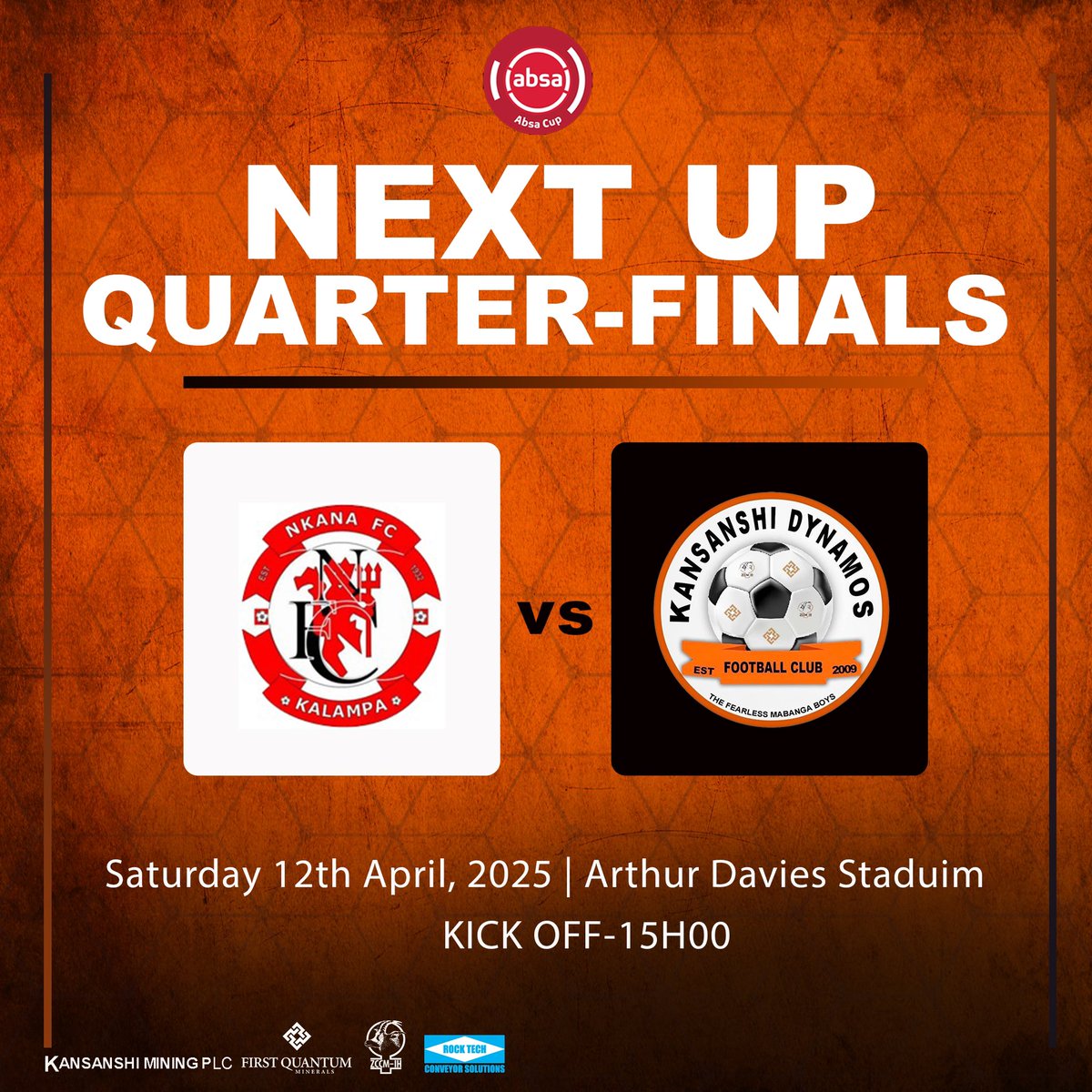 kansanshidynamo's tweet photo. We go again 👊🏽🫶🏽
🚨 𝗡 𝗘 𝗫 𝗧 𝗨 𝗣📍
🆚 Nkana FC!
🏆 #ABSACUP! #QuarterFinal
🏟 Arthur Davies Stadium(Kitwe).
📅 SATURDAY| 12 April 2025
⏰ 15h00
Stay updated — follow our official WhatsApp Channel:
👉 https://t.co/tMkYYXbC9Q
#ABSACup
#TogetherWeRise
#Fearless https://t.co/gepPznrCV0