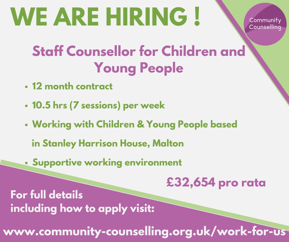 CCNYL's tweet photo. We are hiring - Counsellor for Children &amp; Young People
Opportunity for 12-month staff contract

#ccnyl #CommunityCounselling #counsellingjobs #Malton #cypcounselling https://t.co/iQOi9NXj8k