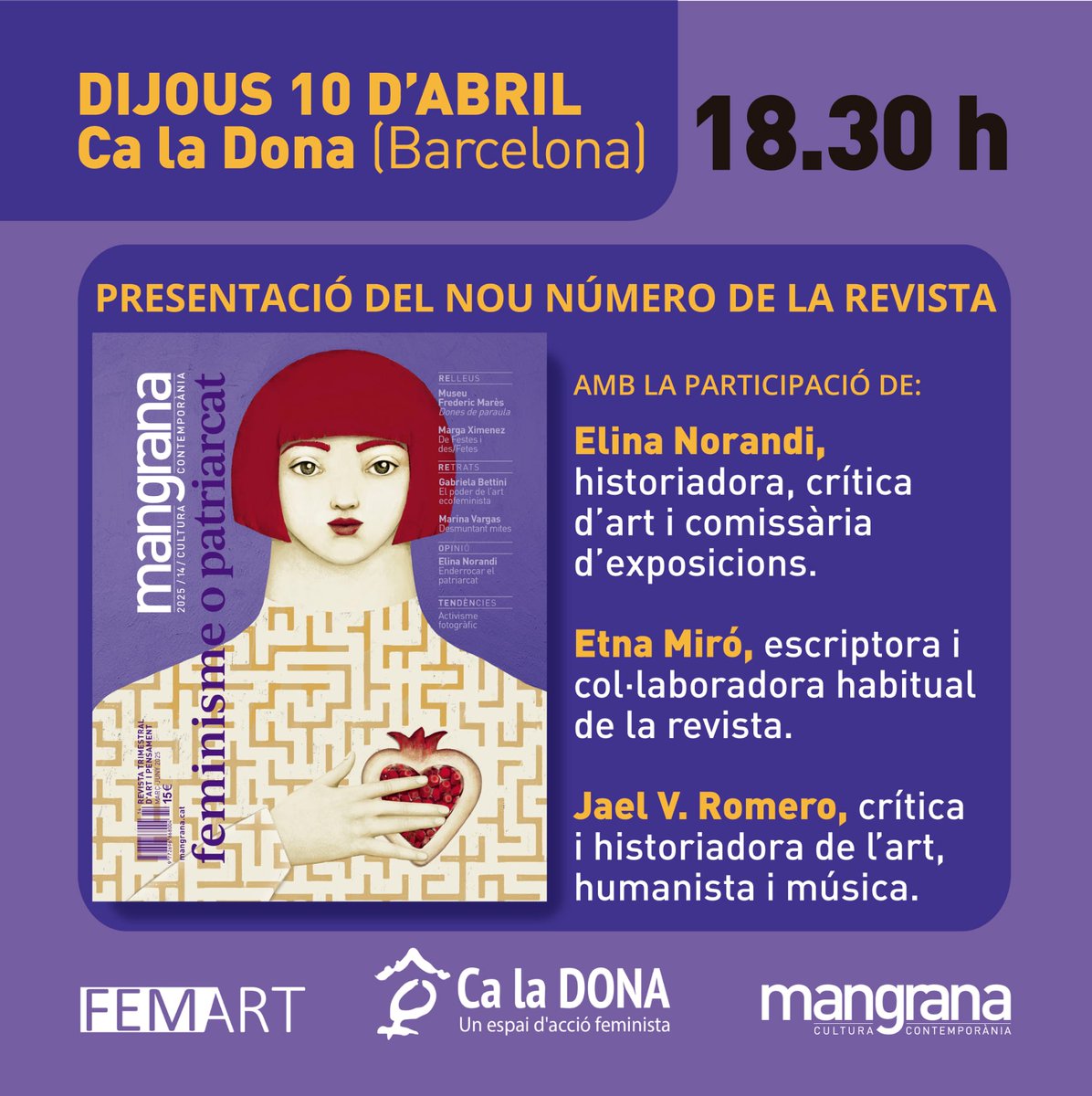 Elina Norandi (@elinanorandi) on Twitter photo Avui us hi esperem! Presentació de la revista "Mangrana", parlarem de feminisme, patriarcat i art. A les 18.30 h. <a href="/revistamangrana/">@revistamangrana</a> #art #feminisme #patriarcat #revistamangrana #donesartistes #Barcelona #revistes Avui us hi esperem! Presentació de la revista "Mangrana", parlarem de feminisme, patriarcat i art. A les 18.30 h. <a href="/revistamangrana/">@revistamangrana</a> #art #feminisme #patriarcat #revistamangrana #donesartistes #Barcelona #revistes