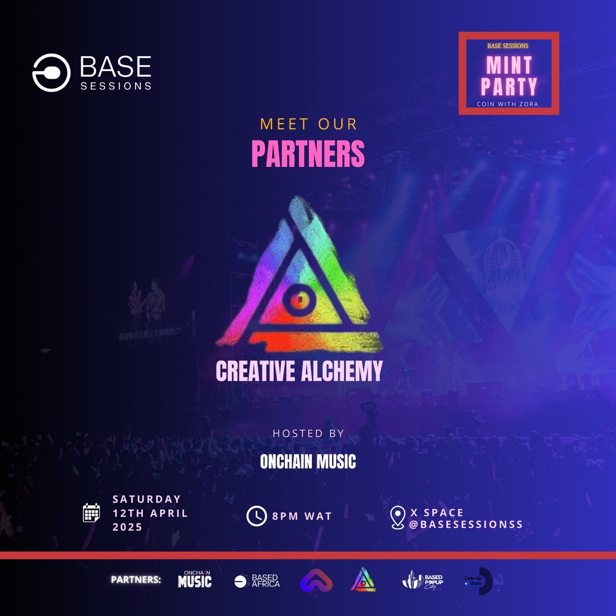 sessions_fun's tweet photo. We are happy to announce our partnership with Creative Alchemy. 

Are you curious about NFTs, metaverse art and the future of creativity? You’re welcome to dive into web3 with Creative Alchemy’ passionate community. Creative alchemy is building a supportive community for web3 exploration and artistic expression 

PS: make sure you read the event details before registering

​Date: 12th April 2025

​Time: 8PM Prompt Weat African Time 

Venue: X Space. Follow the link in the registration page to set reminder on X 

#BaseSeasions #BringingArtistsOnchain #OnchainMusic #CreatorsOnchain #CreatorEconomy  #MintParty