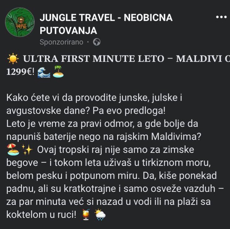 UBKEFEKTIVA's tweet photo. ‼️Ima kiše - nema kiše‼️

Ako ste bojkotom velikih trgovinskih lanaca, uštedeli neki novac i sada planirate da otputujete na Maldive, evo jednog zanimljivog slučaja za vas.

Turistička agencija JUNGLE TRAVEL prodaje aranžmane za ovu desetinaciju, za period jun, jul i avgust. U 👇 https://t.co/c0tvFf6uvR