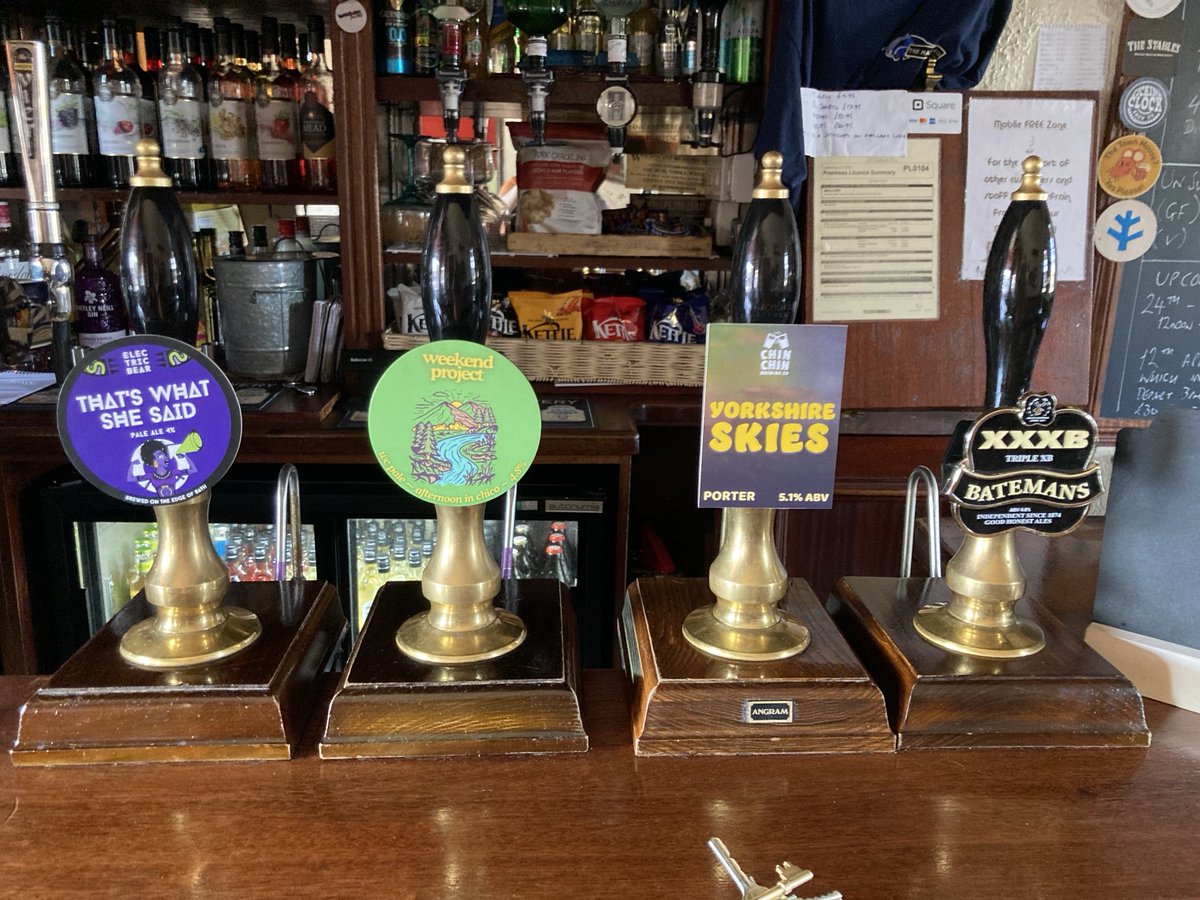#RealAle Thursday:
Electric Bear - That’s What She Said
⁦<a href="/batemansbrewery/">Batemans Brewery</a>⁩ XXXB
Weekend Project Afternoon in Chico &amp;
<a href="/ChinChinBrewing/">Chin Chin Brewing</a> Yorkshire Skies
Plus ciders from @WestonsCiderMil &amp; <a href="/lilleyscider/">Lilley's Cider</a> 
Card payments accepted
Outdoor seating available
Open 4-9pm
Please Repost