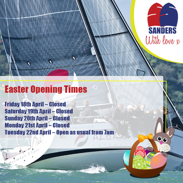 Updated Easter Opening Times:

Friday 18th April - Closed
Saturday 19th April - Closed
Sunday 20th April - Closed
Monday 21st April - Closed
Tuesday 22nd April - Open as usual from 7am

For sail collections please call the office :-)

#lymington #sailing #sailmaker #hampshire