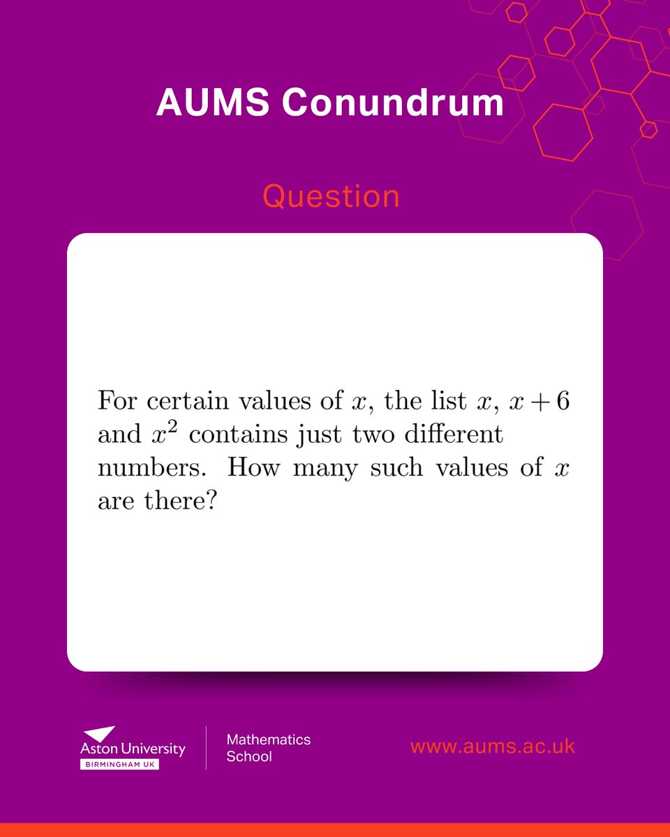 AUMS Weekly Conundrum! Weekly maths challenges for Year 10 &amp; 11 students, 

🔽This week’s conundrum is posted below! Drop your answers in the comments and explain your thinking! Who will solve it first? 🏆

#MathsChallenge #BrainTeaser #maths #UMaths #mathsschool #aston