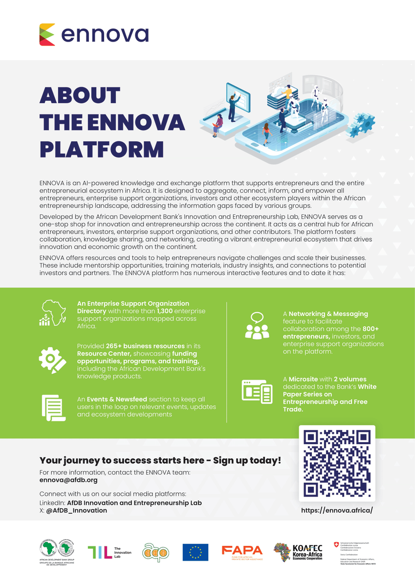 AfDB_Innovation's tweet photo. Join #ENNOVA—an AI-powered hub for entrepreneurs, investors & innovators
Designed by @AfDB_Group's Innovation & Entrepreneurship Lab ENNOVA
✅ Aggregates resources & knowledge
✅ Connects entrepreneurs & investors
✅ Fosters networking & collaboration
https://t.co/MsR3McgVFr https://t.co/tumO4dV0yo