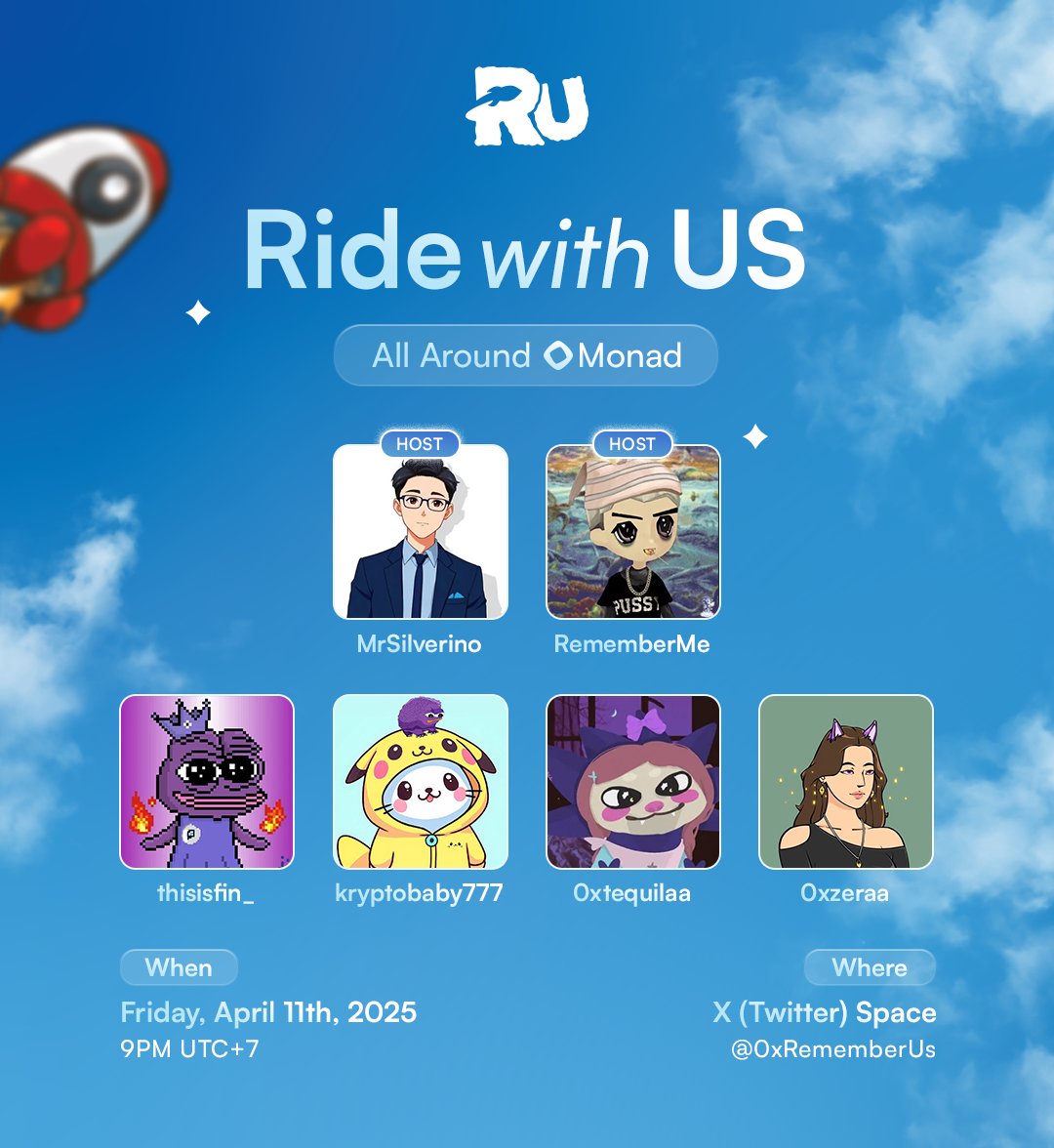 RememberUS (@0xrememberus) on Twitter photo Hop on Ride With Us as we explore "All Around
@Monad_xyz" with these fantastic guests:
π <a href="/thisisfin_/">This is Fin (mainnet arc)</a>
π <a href="/kryptobaby777/">kb (lil florida)</a>
π <a href="/0xtequilaa/">Tequila</a>
π <a href="/0xzeraa/">zeraa</a>
ποΈ Friday, April 10th, 09:00 PM UTC+7
Pssst, we have some rewards! π
3x <a href="/chogstarrr/">lil chogstars β¨ (mainnet arc)</a> Superstar List
3x <a href="/DripsterNFT/">DRIPSTER (mainnet arc)</a> WL
Don't Hop on Ride With Us as we explore "All Around
@Monad_xyz" with these fantastic guests:
π <a href="/thisisfin_/">This is Fin (mainnet arc)</a>
π <a href="/kryptobaby777/">kb (lil florida)</a>
π <a href="/0xtequilaa/">Tequila</a>
π <a href="/0xzeraa/">zeraa</a>
ποΈ Friday, April 10th, 09:00 PM UTC+7
Pssst, we have some rewards! π
3x <a href="/chogstarrr/">lil chogstars β¨ (mainnet arc)</a> Superstar List
3x <a href="/DripsterNFT/">DRIPSTER (mainnet arc)</a> WL
Don't