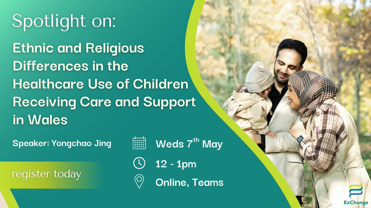 @ExChangeWales (@exchangewales) on Twitter photo 💡 SPOTLIGHT ON:
'Ethnic and Religious Differences in the Healthcare Use of Children Receiving Care and Support in Wales'
Speaker: Yongchao Jing, <a href="/CASCADEresearch/">CASCADE</a>
📅 Weds 7th May
⏰ 12 - 1pm
📍 Online, Teams
Register for free:
➡️ events.teams.microsoft.com/event/3dc2124b…
<a href="/ResearchWales/">Health and Care Research Wales</a> 💡 SPOTLIGHT ON:
'Ethnic and Religious Differences in the Healthcare Use of Children Receiving Care and Support in Wales'
Speaker: Yongchao Jing, <a href="/CASCADEresearch/">CASCADE</a>
📅 Weds 7th May
⏰ 12 - 1pm
📍 Online, Teams
Register for free:
➡️ events.teams.microsoft.com/event/3dc2124b…
<a href="/ResearchWales/">Health and Care Research Wales</a>