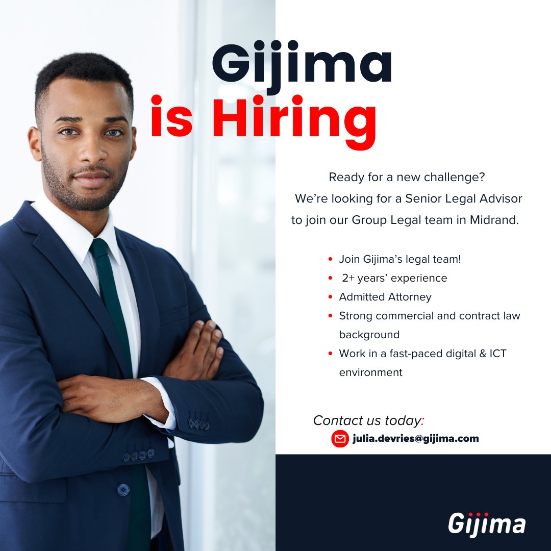 Are you a qualified attorney with a sharp eye for commercial and contract law? Join our dynamic Group Legal team as a Senior Legal Advisor at our Midrand offices!

Apply now: webapp.placementpartner.com/wi/vacancy/?id…

#GijimaCareers #LegalJobs #HiringNow #SeniorLegalAdvisor #ICTJobs #MidrandJobs