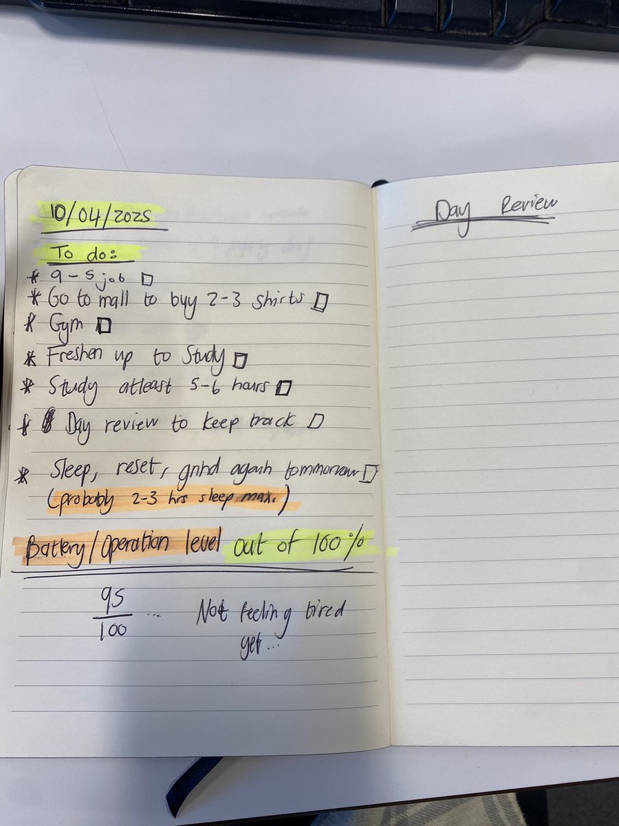 AdinAnirudhra's tweet photo. Locked in for the day.
Plan: 9–5, gym, study 5–6 hours, and prep for the next round tomorrow.
Running on minimal sleep, but the mission doesn’t stop.
Everything’s mapped out — now it’s time to execute.
#DailyPlan #Focused #StayDisciplined #BuildinPublic #Entrepreneurship https://t.co/eBKoucU6sg