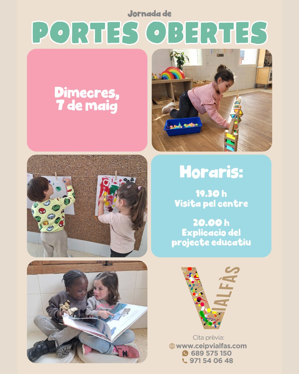 🙋‍♀️Voleu conèixer el centre? Organitzam una jornada de portes obertes.

🗓️ DIMECRES DIA 7 DE MAIG

🏫 A LES 19:30, VISITA PEL CENTRE.

📢 A LES 20:00, EXPLICACIÓ DEL PROJECTE EDUCATIU.
 
📱 Dubtes al 971540648 o 689575150. 

forms.gle/XbAYq6VngXRA5e…