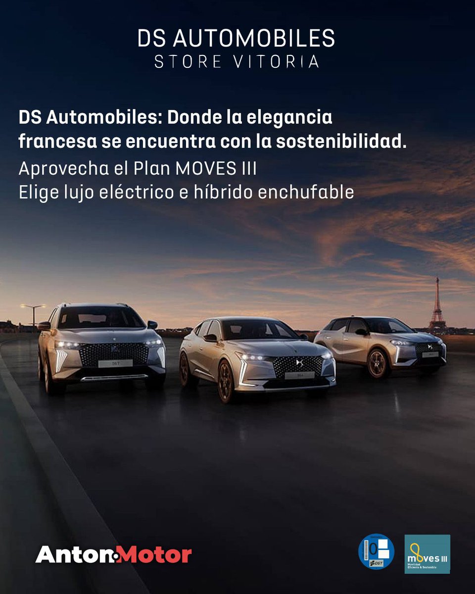 DSStoreVitoria's tweet photo. Con el #PlanMOVES III, ahora es el momento perfecto para adquirir tu #coche #electrico o #hibrido enchufable #DS. Disfruta de las ayudas y beneficios que te ofrece este plan y únete a la movilidad del futuro con estilo y sofisticación 👉🏻 https://t.co/Zb6JQ76rey https://t.co/zj5wQ32QqV