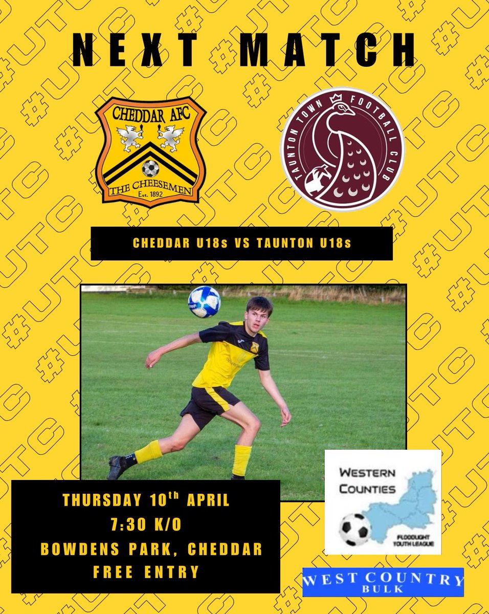Cheddar FC U18s (@cheddaru18s) on Twitter photo Tonight we face top of the league <a href="/TauntonTownFC/">Taunton Town FC</a> at home!
<a href="/wcfyl/">Western Counties Floodlight Youth League</a> <a href="/swsportsnews/">South West Sports News</a> <a href="/CheddarFC1892/">Cheddar FC</a> Tonight we face top of the league <a href="/TauntonTownFC/">Taunton Town FC</a> at home!
<a href="/wcfyl/">Western Counties Floodlight Youth League</a> <a href="/swsportsnews/">South West Sports News</a> <a href="/CheddarFC1892/">Cheddar FC</a>