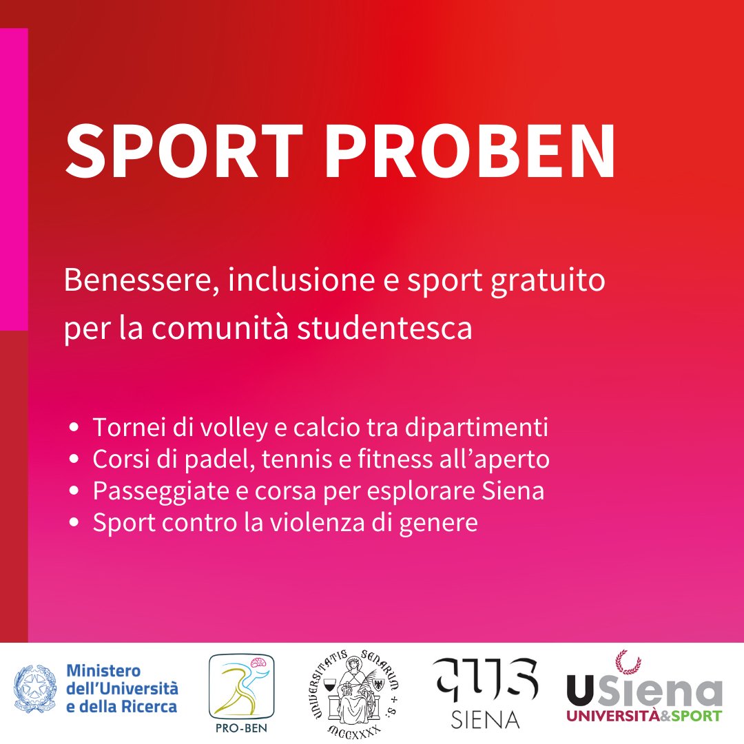 Università di Siena (@unisiena) on Twitter photo ‼️Tornei e corsi Cus Siena: aperte fino al 24/4 le iscrizioni alla comunità studentesca!
Grazie ai contributi ProBen del MUR le iscrizioni e il tesseramento CUSI sono gratuiti per le/gli studentesse/i Unisi.
Il programma di tornei e corsi:
👉 unisi.it/unisilife/noti…
#Usienasport ‼️Tornei e corsi Cus Siena: aperte fino al 24/4 le iscrizioni alla comunità studentesca!
Grazie ai contributi ProBen del MUR le iscrizioni e il tesseramento CUSI sono gratuiti per le/gli studentesse/i Unisi.
Il programma di tornei e corsi:
👉 unisi.it/unisilife/noti…
#Usienasport