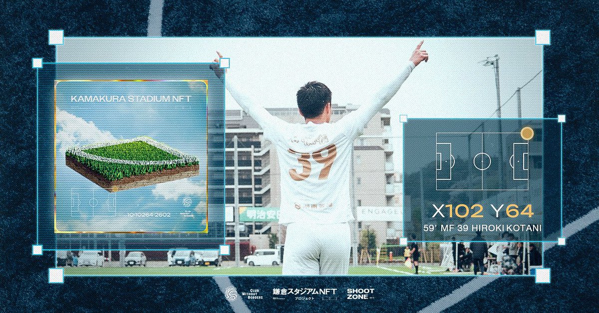 hrk39ktn's tweet photo. 先日のCKからの直接ゴール（59分／X102 Y64）は、まだ誰にも保有されていない“1平米”からだったそうです。

ゴール前じゃなくても、どこからでも得点の可能性があるサッカーの面白さ。
SHOOT ZONEは、それをまるごと楽しめるんじゃないかとも思っています😆

NFTって聞くと難しく感じるかもしれませんが、デザインもかっこよくて見ているだけでもワクワクする仕上がりです。

ぜひ一度、チェックしてみてください👇