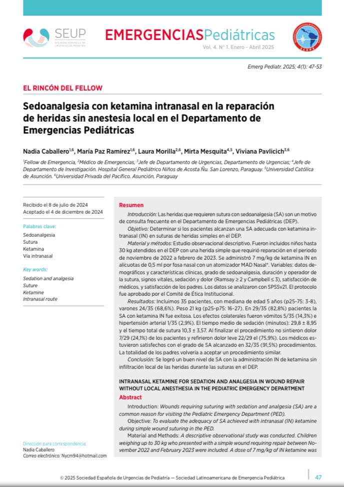 ‼️ EL RINCÓN DEL FELLOW #EmergenciasPediátricas

📍 Sedoanalgesia con ketamina intranasal en la reparación de heridas sin anestesia local en el Departamento de Emergencias Pediátricas

✍️ Nadia Caballero et al.

👉 Puedes acceder al artículo completo en: seup.org/revista-emerge…