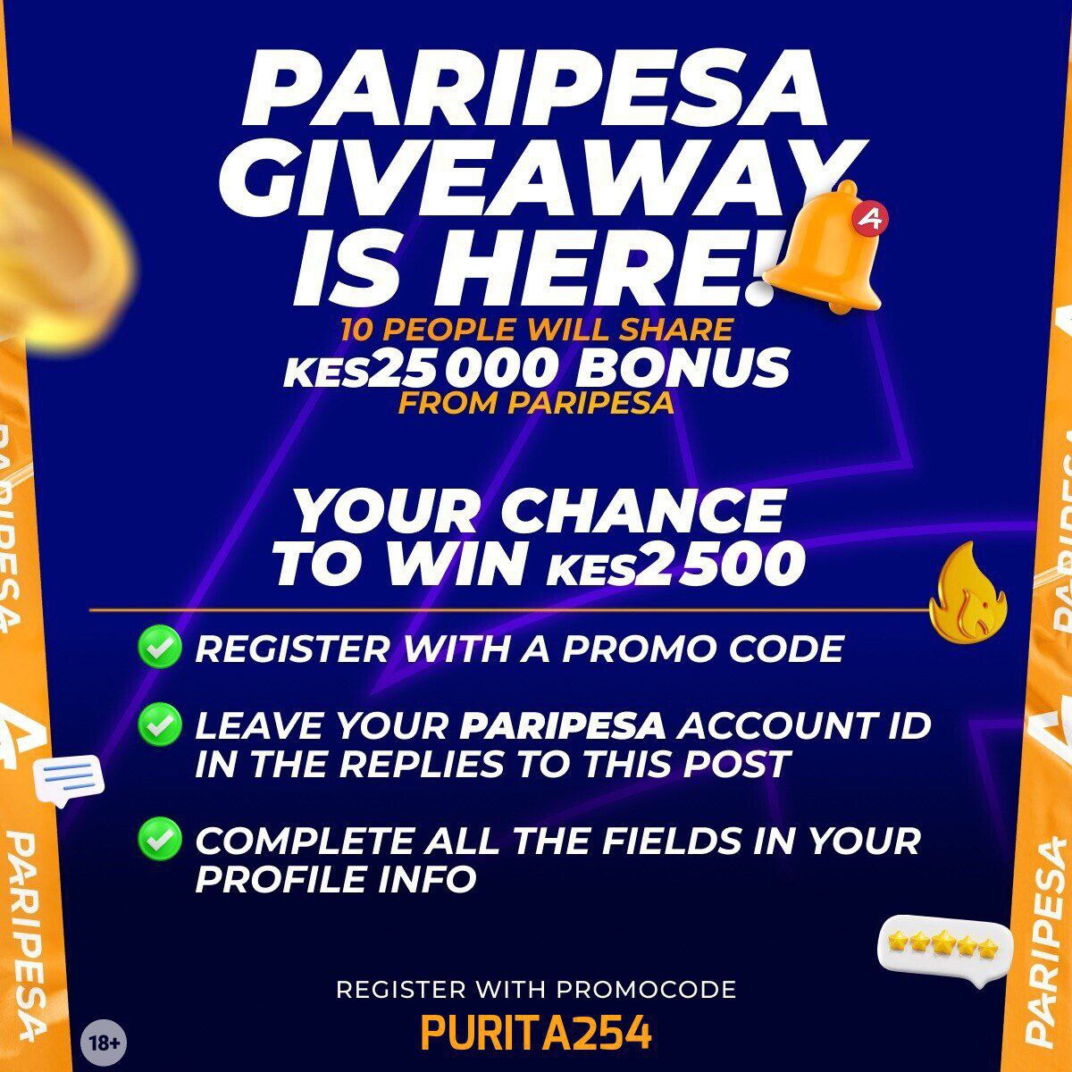 10 people will share 25k . 2500 to each person from paripesa ✅✅. 
📌Your chance to win 2500 . 
Just need you to register an account  here 👇👇using the link 
paripesa.bet/purita254
Promo code 👉 Purita254
Then deposit 50 Bob and above. 
Comment with your account Id after
